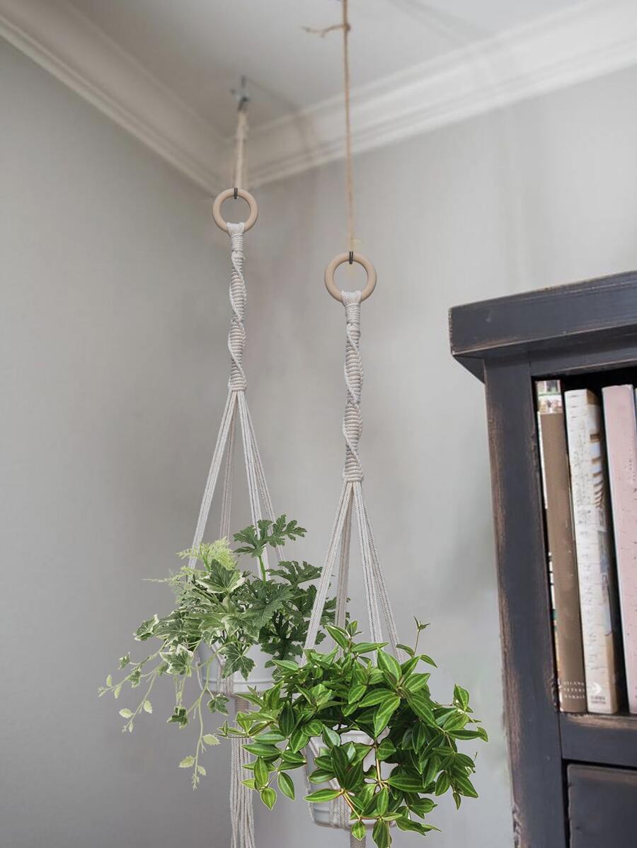 1pc Fabric Plant Hanger,Simple Solid Handmade Decorative Flower Pot Holder Without Plants - Beige - View 1