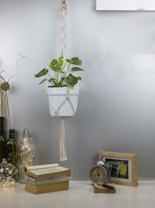 1pc Fabric Plant Hanger,Simple Solid Handmade Decorative Flower Pot Holder Without Plants - Beige - View 3