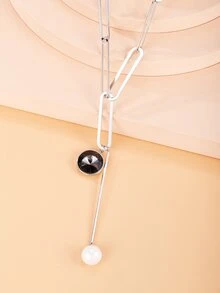 1件几何链条时尚银色回形针Y型项链，配深色水晶和仿珍珠吊坠，简约长款套索项链，适合女性派对日常佩戴 - 銀色 - 查看 5