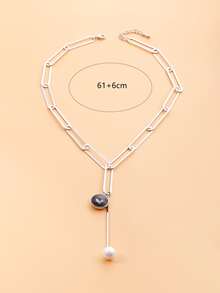 1件几何链条时尚银色回形针Y型项链，配深色水晶和仿珍珠吊坠，简约长款套索项链，适合女性派对日常佩戴 - 銀色 - 查看 6