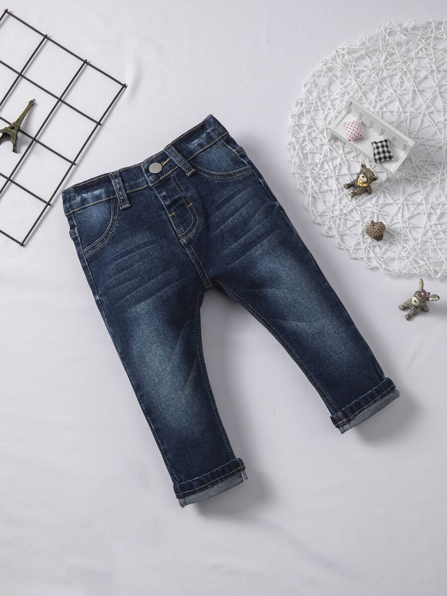 男嬰動物針腳細節單釦牛仔褲 - 深色水洗藍 - 查看 1