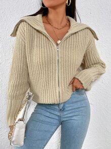 Sailor Collar Zipper Front Drop Shoulder Cardigan - Apricot - View 2