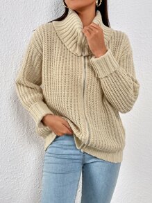 Sailor Collar Zipper Front Drop Shoulder Cardigan - Apricot - View 4