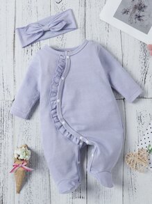 女婴纯色荷叶边睡衣和发带套装 - 淡紫色 - 查看 1