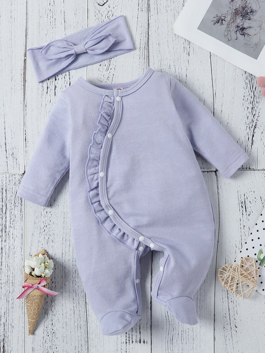 女婴纯色荷叶边睡衣和发带套装 - 淡紫色 - 查看 1