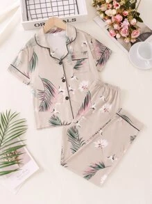 Tween Girls' Home Wear With Leaf And Bird Print - Khaki - View 1