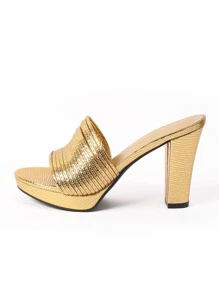 女士高跟鞋，魅力纯色金属光泽编织带金色高跟露趾厚底粗跟凉鞋，圆头派对假日宴会时尚优雅鞋履，春夏装扮 - 金色 - 查看 4