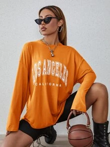 SHEIN EZwear Letter Graphic Drop Shoulder Oversized Tee - Orange - View 1