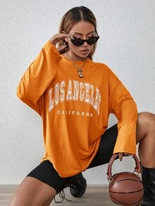 SHEIN EZwear Letter Graphic Drop Shoulder Oversized Tee - Orange - View 3