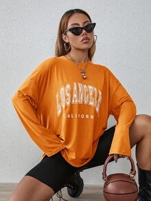 SHEIN EZwear Letter Graphic Drop Shoulder Oversized Tee - Orange - View 6