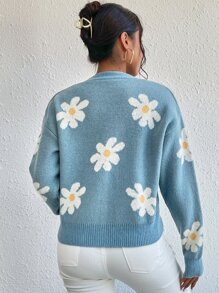 SHEIN Unity Floral Pattern Drop Shoulder Cardigan Fall Winter Cloth For Women - Blue - View 2