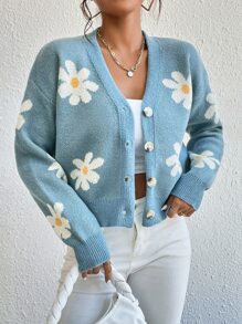 SHEIN Unity Floral Pattern Drop Shoulder Cardigan Fall Winter Cloth For Women - Blue - View 5