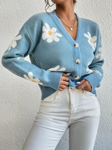 SHEIN Unity Floral Pattern Drop Shoulder Cardigan Fall Winter Cloth For Women - Blue - View 6