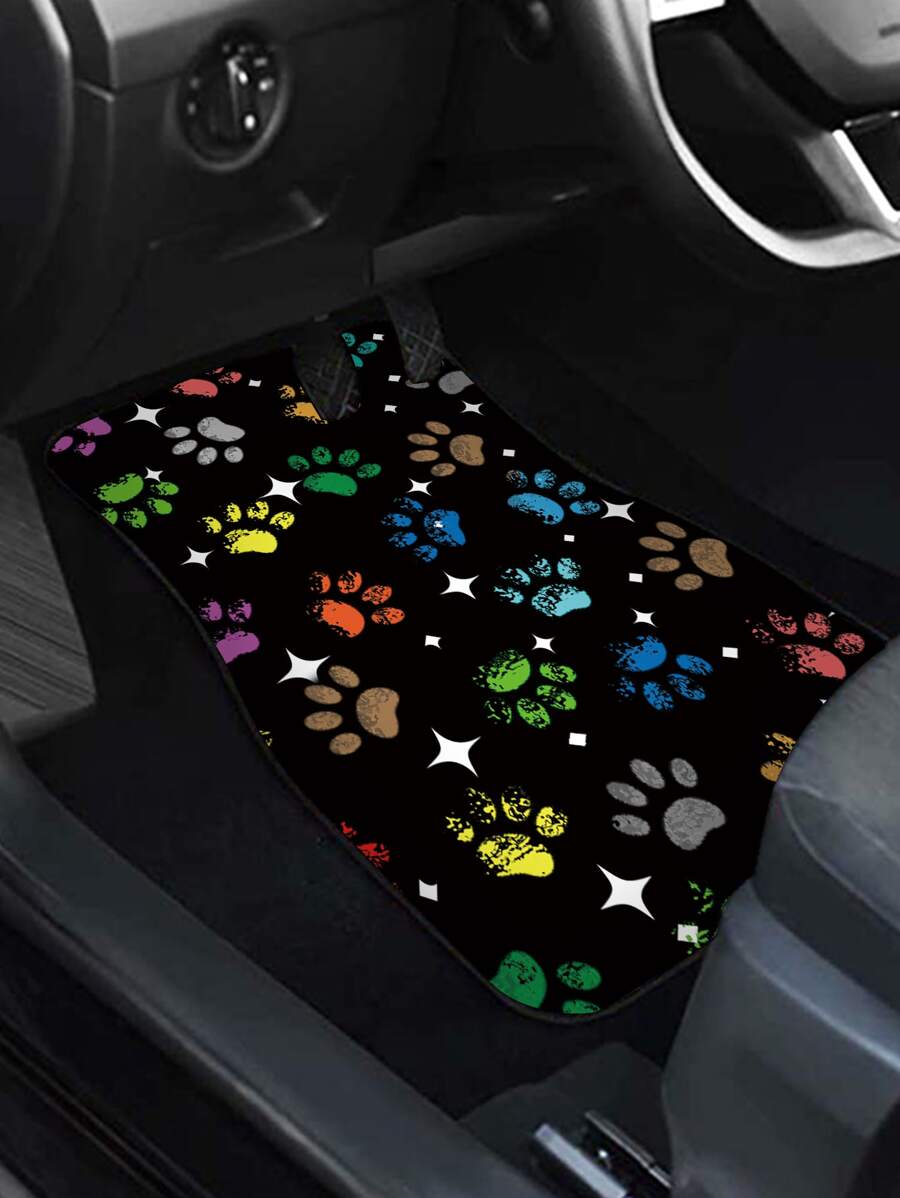 1pc Universal Car Front Row Foot Mat With Star & Dog Paw Print Design - Multicolor - View 1