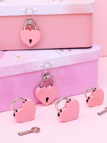 1pc Heart Shaped Lock & 1pc Key, Creative Pink Zinc Alloy Heart Box Lock For School - Pink - View 4
