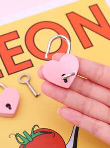 1pc Heart Shaped Lock & 1pc Key, Creative Pink Zinc Alloy Heart Box Lock For School - Pink - View 6