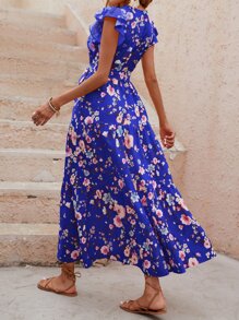 Breezaya 印花蝴蝶袖荷葉邊繫腰帶連衣裙 - 寶藍色 - 查看 2