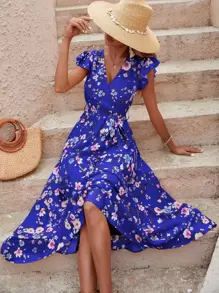 Breezaya 印花蝴蝶袖荷葉邊繫腰帶連衣裙 - 寶藍色 - 查看 4