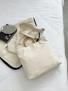 Minimalist Canvas Shopper Bag - Beige - View 5