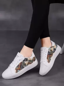 Leopard & Snakeskin Print Lace-up Front Skate Shoes - Multicolor - View 1