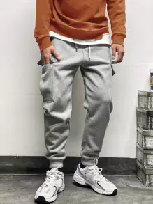 Manfinity Hombres Pantalones deportivos con bolsillo lateral con solapa de cintura con cordón - Gris Claro - Ver 1