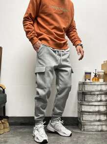 Manfinity Hombres Pantalones deportivos con bolsillo lateral con solapa de cintura con cordón - Gris Claro - Ver 4