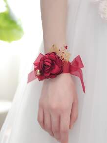 Flower Decor Wrist Corsage - Burgundy - View 1