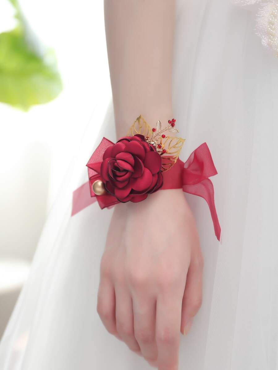 Flower Decor Wrist Corsage - Burgundy - View 1