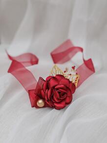 Flower Decor Wrist Corsage - Burgundy - View 2