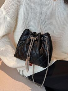 Mini Quilted Metal Tassel Decor Chain Bucket Bag - Black - View 4