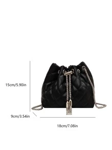 Mini Quilted Metal Tassel Decor Chain Bucket Bag - Black - View 5