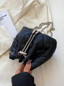 Mini Quilted Metal Tassel Decor Chain Bucket Bag - Black - View 6