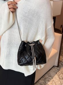 Mini Quilted Metal Tassel Decor Chain Bucket Bag - Black - View 7