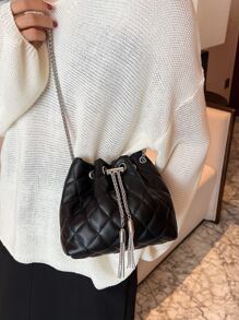 Mini Quilted Metal Tassel Decor Chain Bucket Bag - Black - View 8