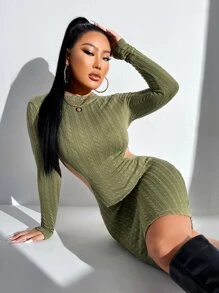 SHEIN SXY 素色小立領露背緊身洋裝