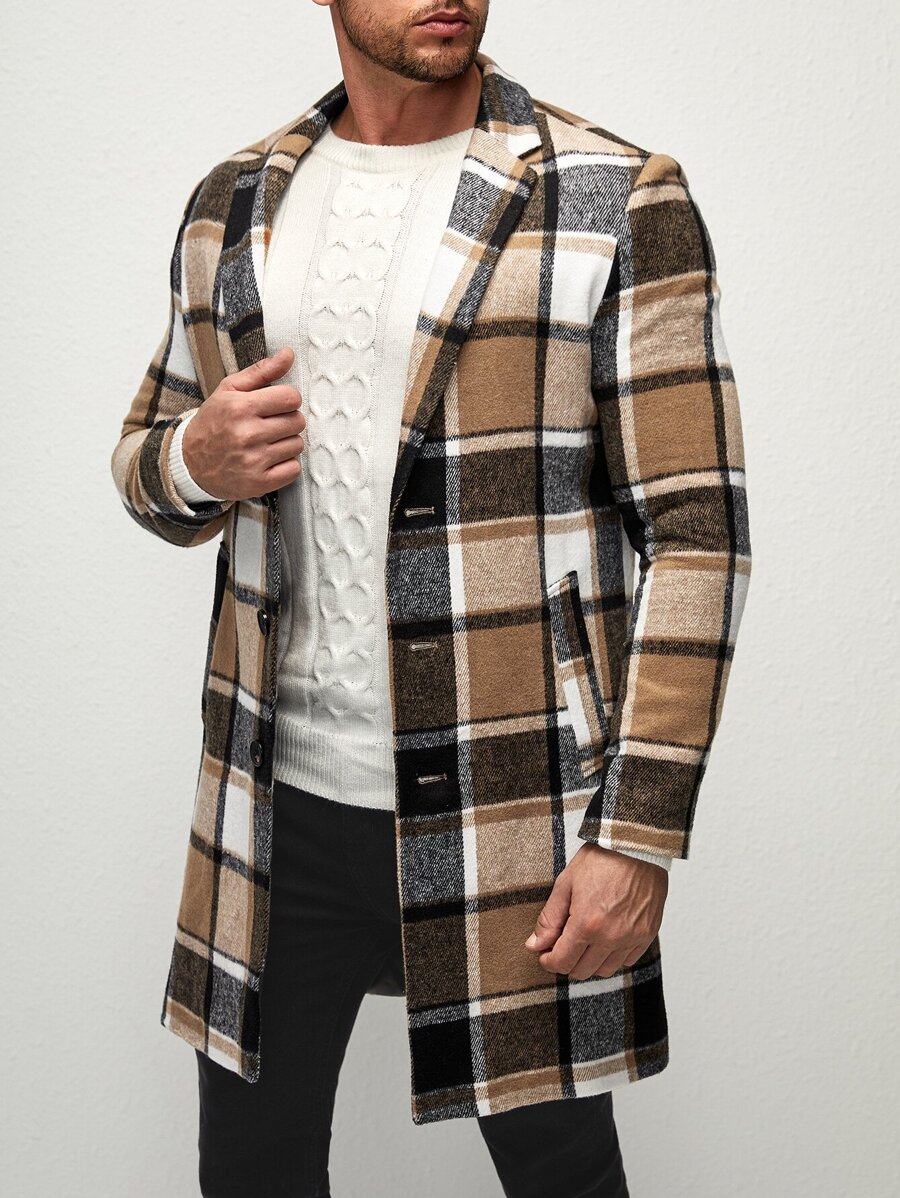 Manfinity VCAY Men Plaid Lapel Neck Slant Pockets Tweed Overcoat , Fall Winter - Multicolor - View 1