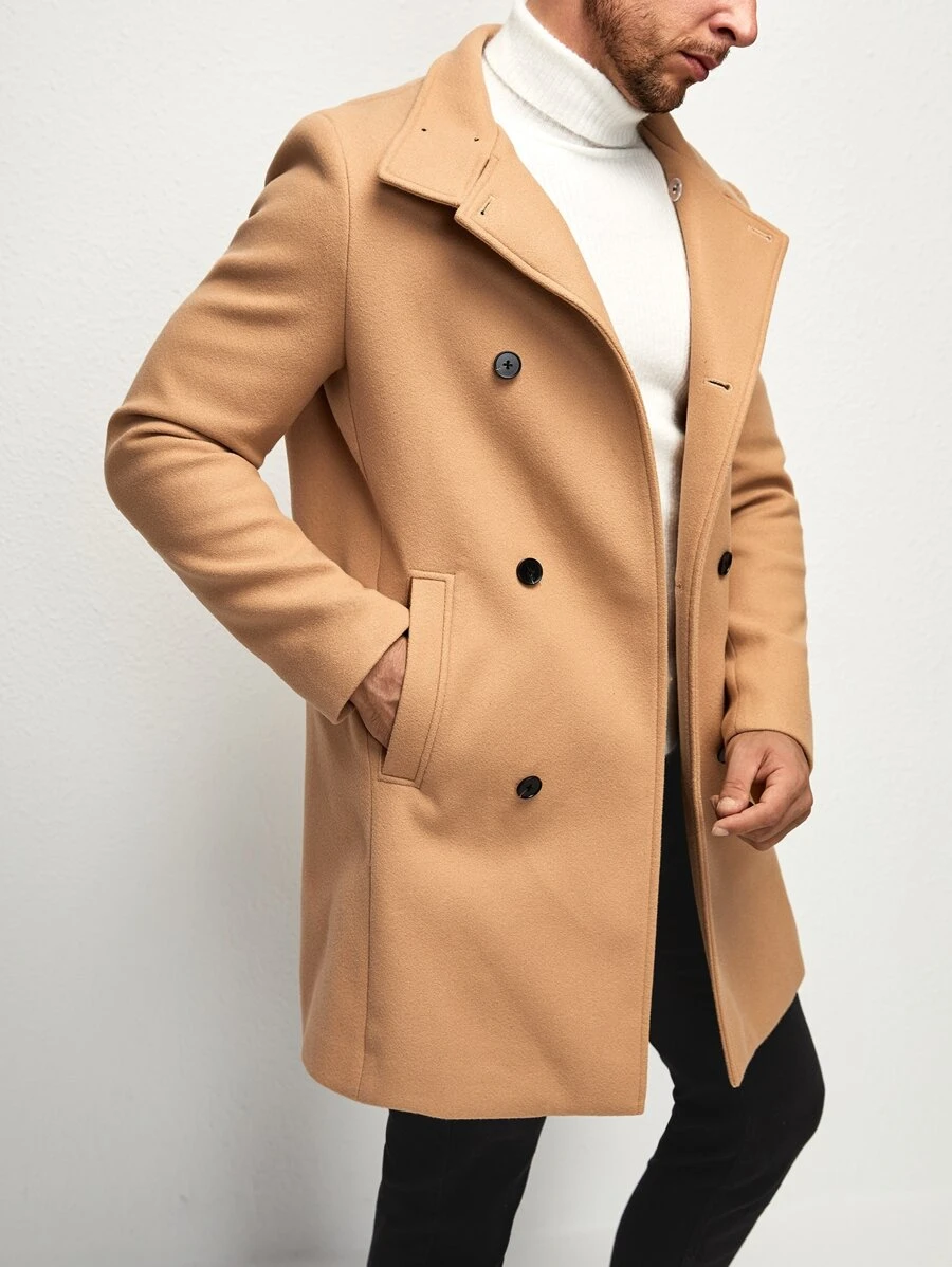 Manfinity VCAY Abrigo cruzado con bolsillos en diagonal para hombres, otoño/invierno - Caqui - Ver 1