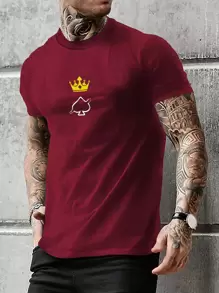 Manfinity Homme Men Crown & Playing Card Print Tee - Burgundy - View 1