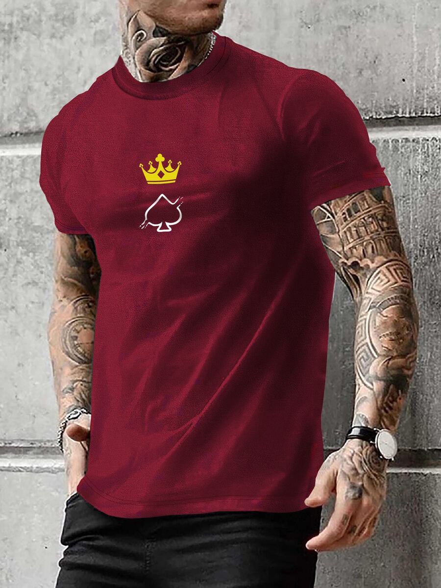 Manfinity Homme Men Crown & Playing Card Print Tee - Burgundy - View 1