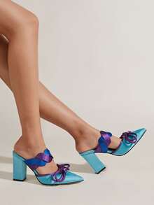 Color Block Bow Decor Satin Chunky Heeled Mule Pumps - Mint Blue - View 2