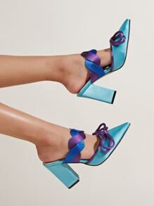 Color Block Bow Decor Satin Chunky Heeled Mule Pumps - Mint Blue - View 1
