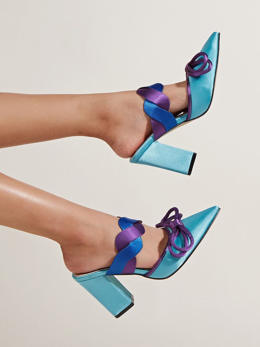 Color Block Bow Decor Satin Chunky Heeled Mule Pumps - Mint Blue - View 1