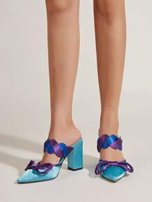 Color Block Bow Decor Satin Chunky Heeled Mule Pumps - Mint Blue - View 4