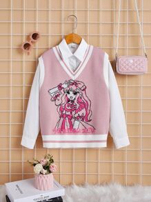 SHEIN Tween Girl 1pc Figure & Japanese Letter Pattern Contrast Trim Sweater Vest,In Fall/Winter - Baby Pink - View 1
