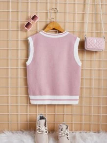 SHEIN Tween Girl 1pc Figure & Japanese Letter Pattern Contrast Trim Sweater Vest,In Fall/Winter - Baby Pink - View 2