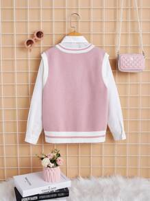 SHEIN Tween Girl 1pc Figure & Japanese Letter Pattern Contrast Trim Sweater Vest,In Fall/Winter - Baby Pink - View 3