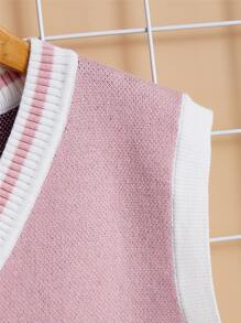 SHEIN Tween Girl 1pc Figure & Japanese Letter Pattern Contrast Trim Sweater Vest,In Fall/Winter - Baby Pink - View 5