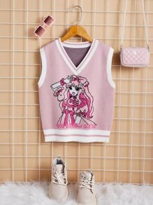 SHEIN Tween Girl 1pc Figure & Japanese Letter Pattern Contrast Trim Sweater Vest,In Fall/Winter - Baby Pink - View 6