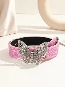 Flower Embossed Rhinestone Decor Butterfly Buckle Belt