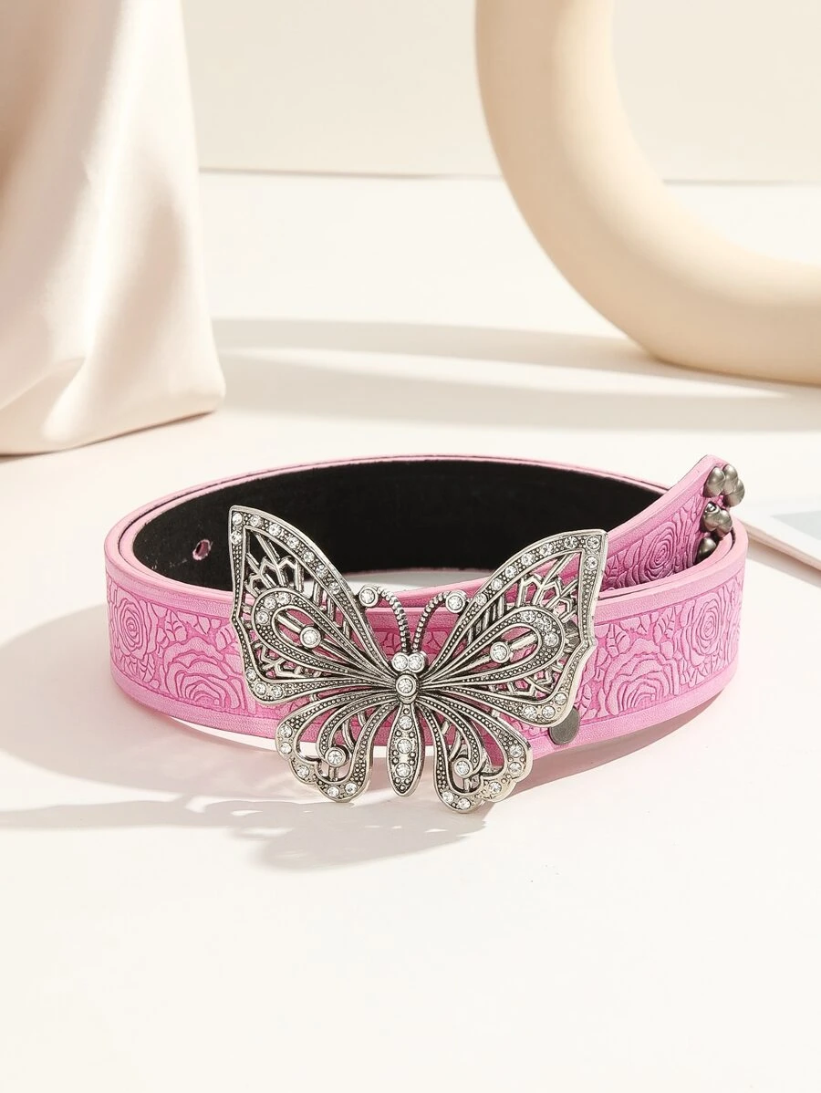 Flower Embossed Rhinestone Decor Butterfly Buckle Belt